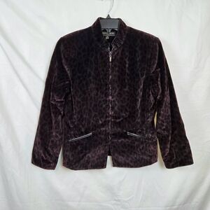 Kasper ASL‎ Burgundy Velour Leopard Print Faux Leather Trim Career Jacket 10P